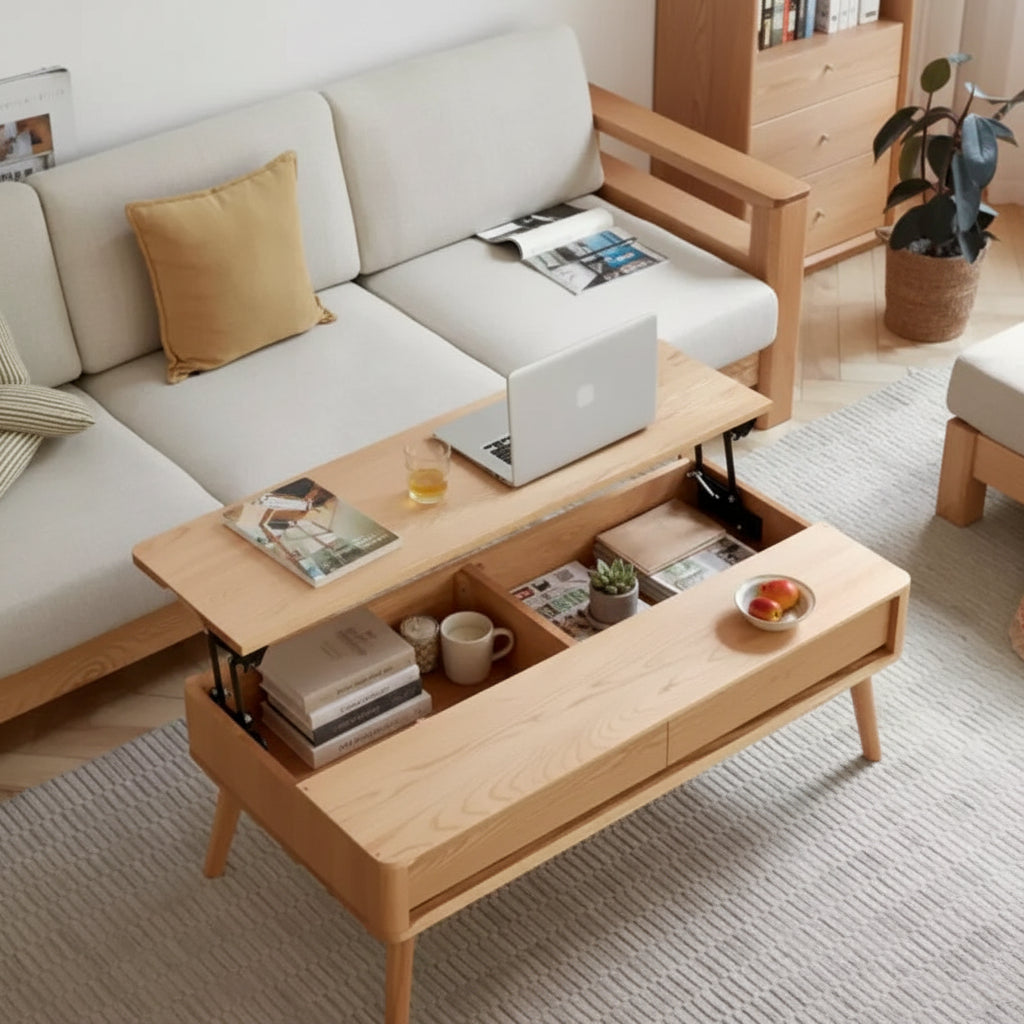 Solid Oak Wood Elevating Coffee Table, 100x60x45cm, Multi-Use as Center Table & Study Desk, Built-in Storage Shelf, Easy Assembly for Home Office