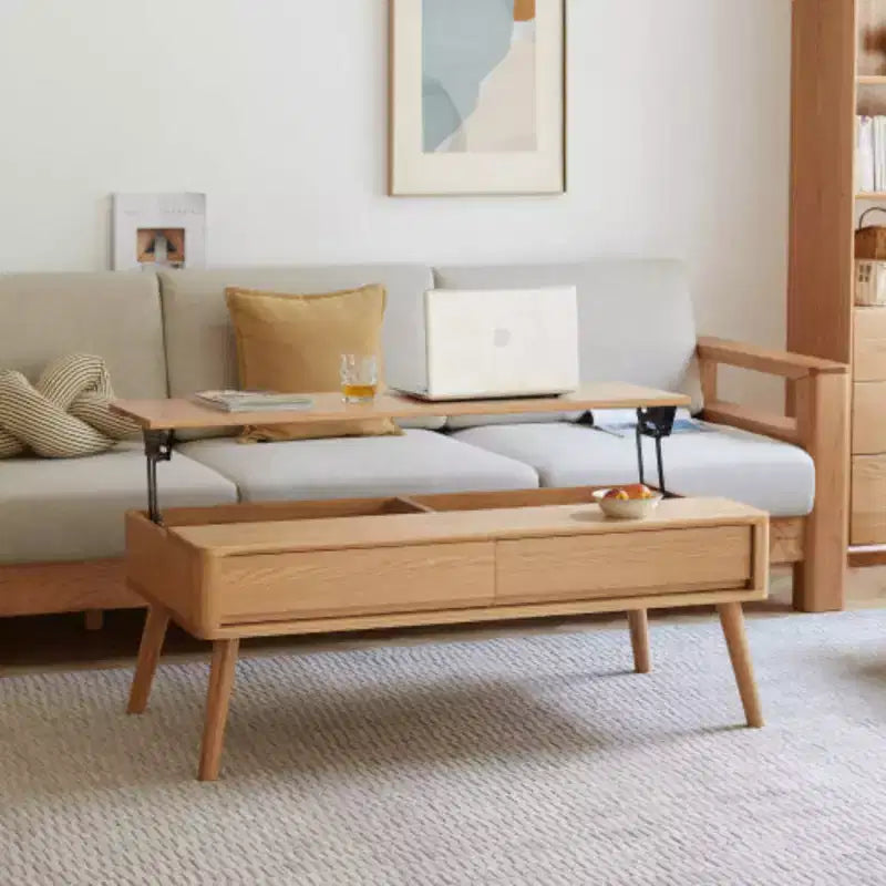 Solid Oak Wood Elevating Coffee Table, 100x60x45cm, Multi-Use as Center Table & Study Desk, Built-in Storage Shelf, Easy Assembly for Home Office