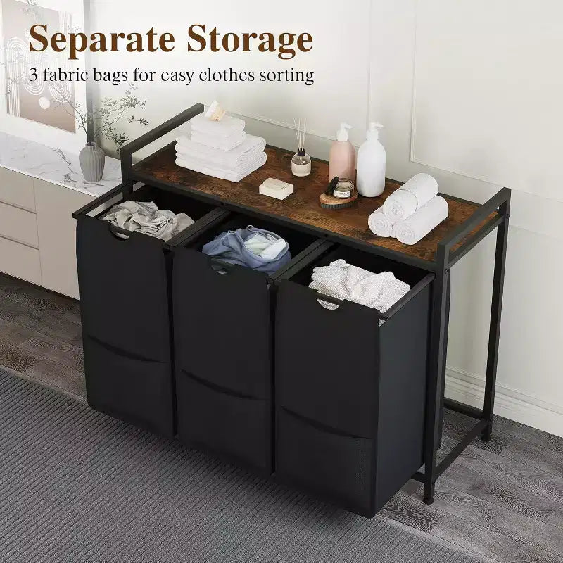 Multi-Section Laundry Hamper with Top Storage Shelf, Waterproof Bags & Easy Assembly for Laundry Room Bathroom