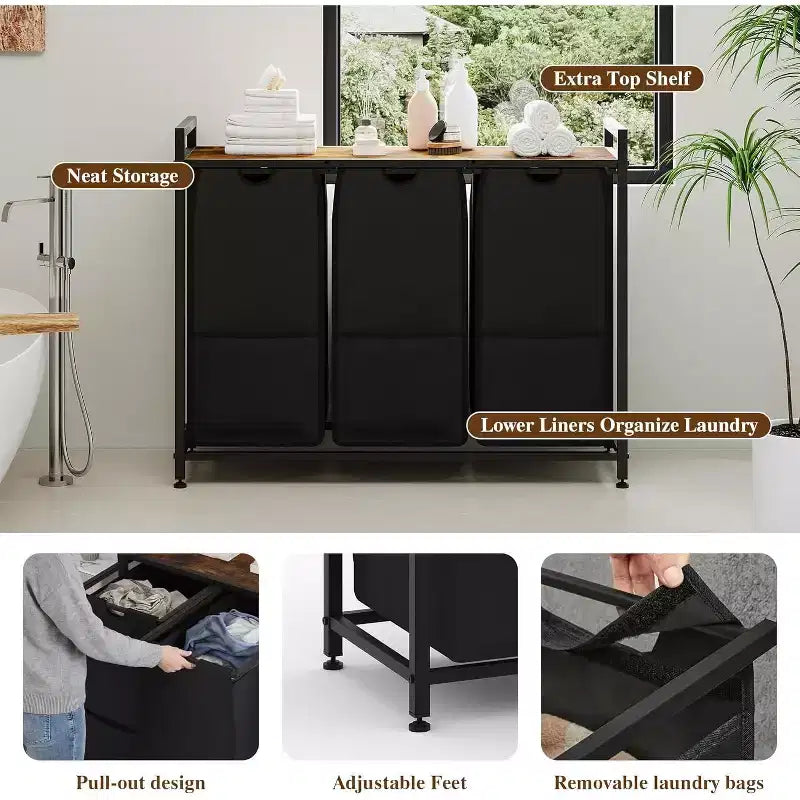 Multi-Section Laundry Hamper with Top Storage Shelf, Waterproof Bags & Easy Assembly for Laundry Room Bathroom