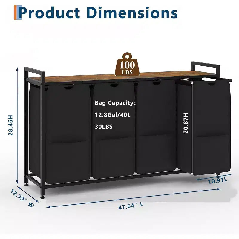 Multi-Section Laundry Hamper with Top Storage Shelf, Waterproof Bags & Easy Assembly for Laundry Room Bathroom