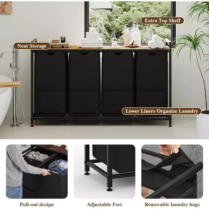Multi-Section Laundry Hamper with Top Storage Shelf, Waterproof Bags & Easy Assembly for Laundry Room Bathroom