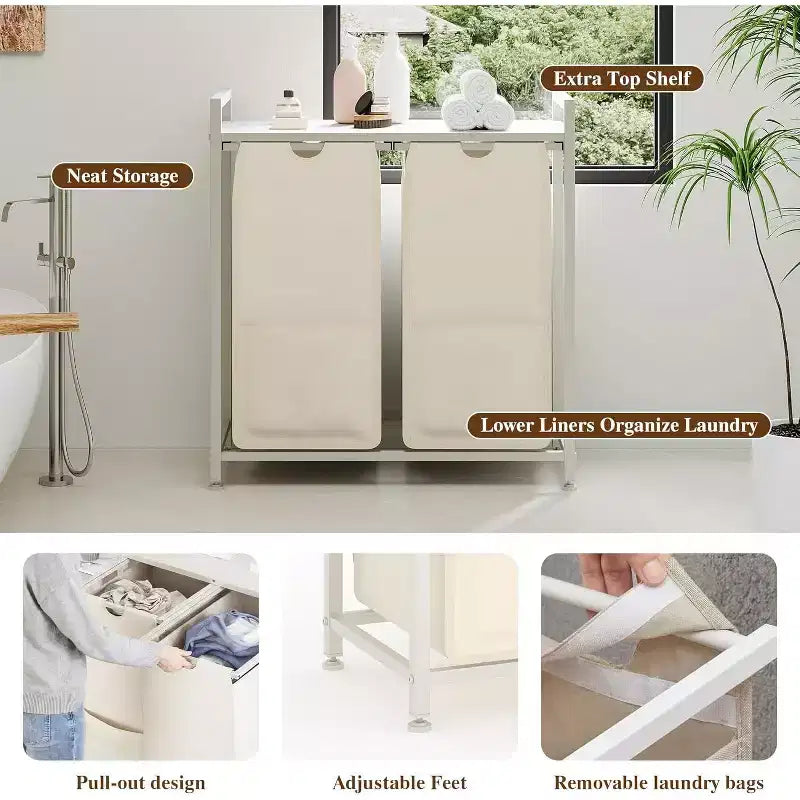Multi-Section Laundry Hamper with Top Storage Shelf, Waterproof Bags & Easy Assembly for Laundry Room Bathroom