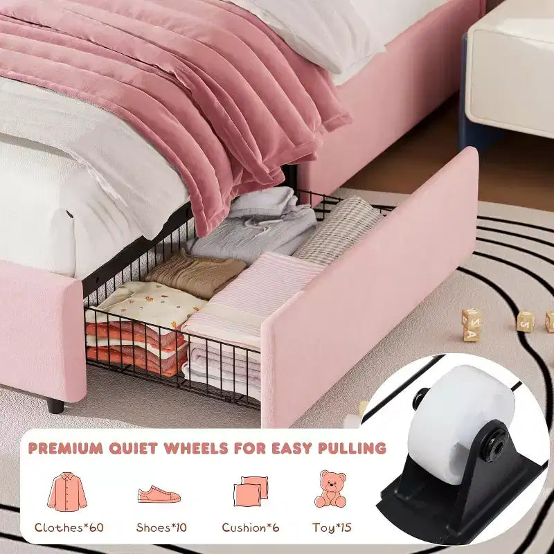 Twin Size Upholstered Platform Bed Frame for Kids with 2 Storage Drawers
