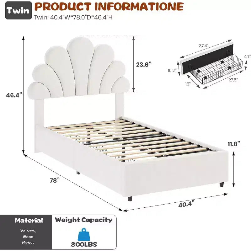 Twin Size Upholstered Platform Bed Frame for Kids with 2 Storage Drawers