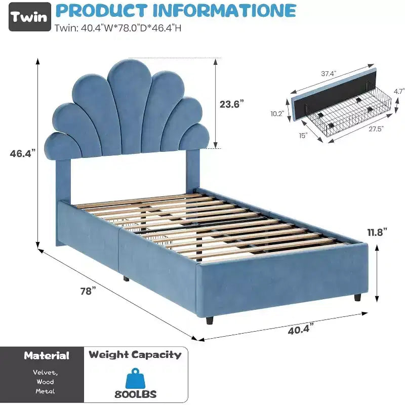 Twin Size Upholstered Platform Bed Frame for Kids with 2 Storage Drawers