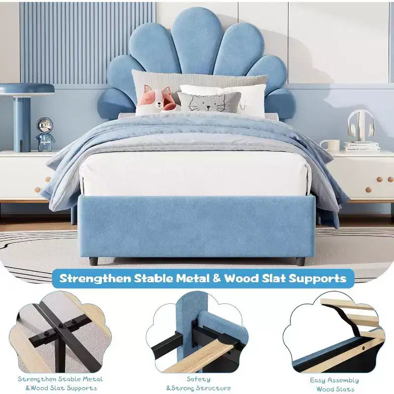 Twin Size Upholstered Platform Bed Frame for Kids with 2 Storage Drawers