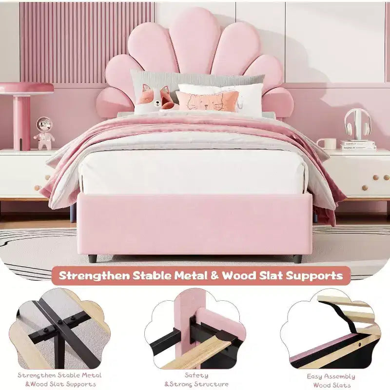 Twin Size Upholstered Platform Bed Frame for Kids with 2 Storage Drawers