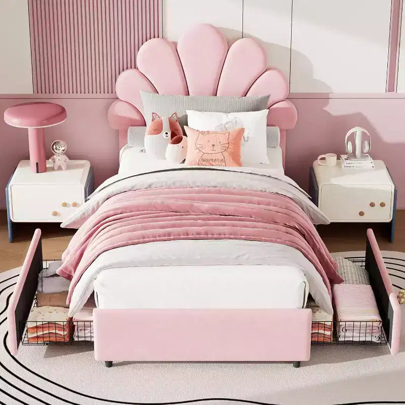 Twin Size Upholstered Platform Bed Frame for Kids with 2 Storage Drawers