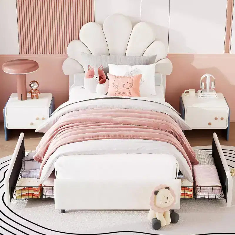 Twin Size Upholstered Platform Bed Frame for Kids with 2 Storage Drawers