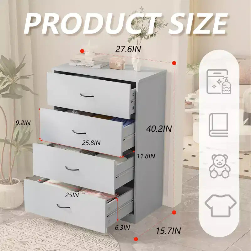 4 Drawer Dresser for Bedroom Modern Chest of Drawers with Steel Frame MDF Storage Gray