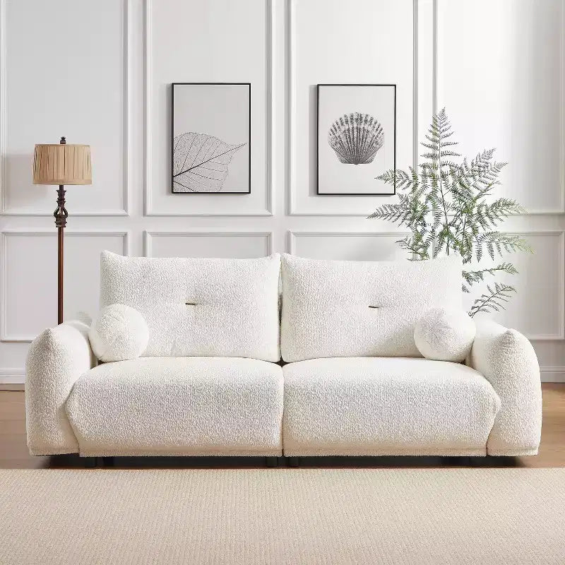 90''W Faux Lamb's Wool Loveseat Sofa, Comfortable Sofa Couch with 2 Ball Pillows 4S -