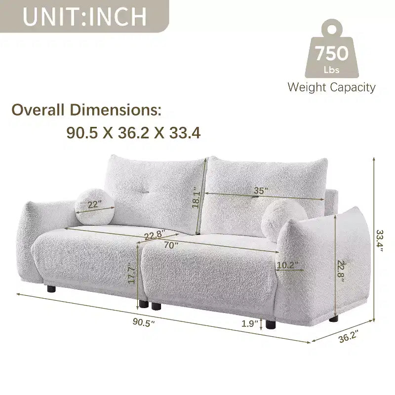 90''W Faux Lamb's Wool Loveseat Sofa, Comfortable Sofa Couch with 2 Ball Pillows 4S -