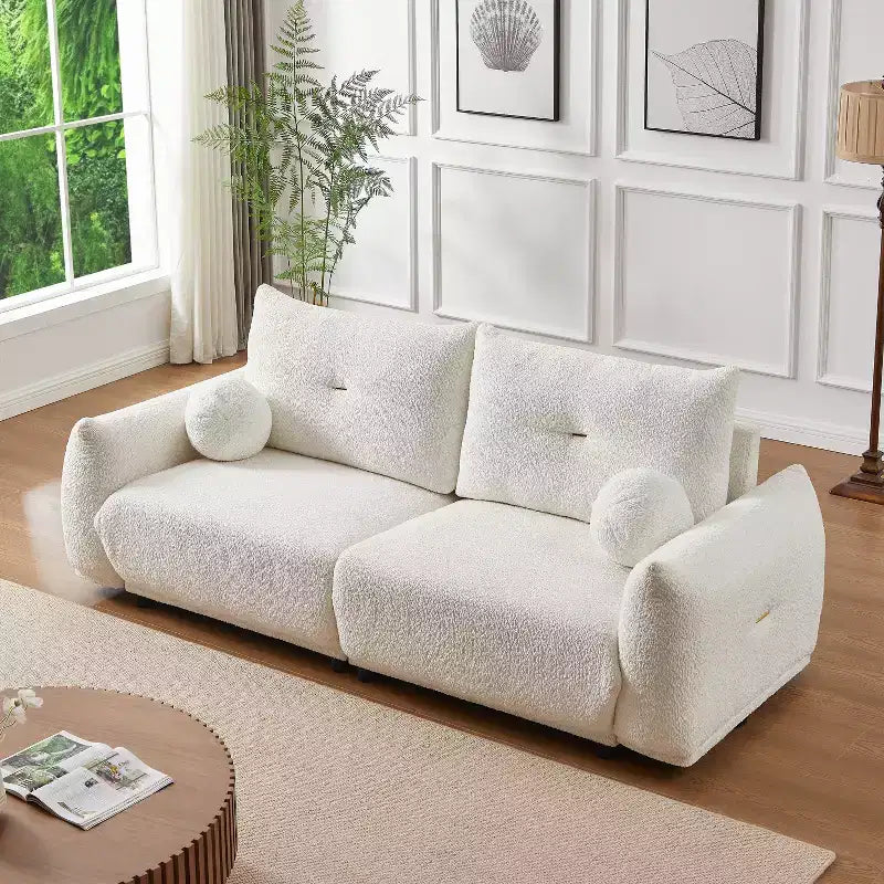 90''W Faux Lamb's Wool Loveseat Sofa, Comfortable Sofa Couch with 2 Ball Pillows 4S -