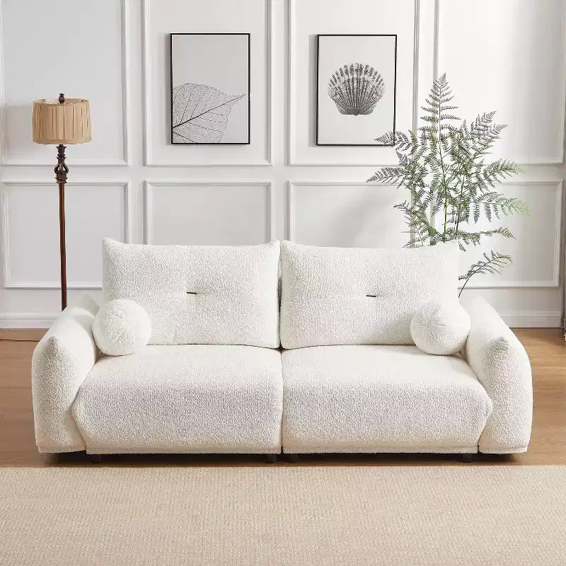 90''W Faux Lamb's Wool Loveseat Sofa, Comfortable Sofa Couch with 2 Ball Pillows 4S -