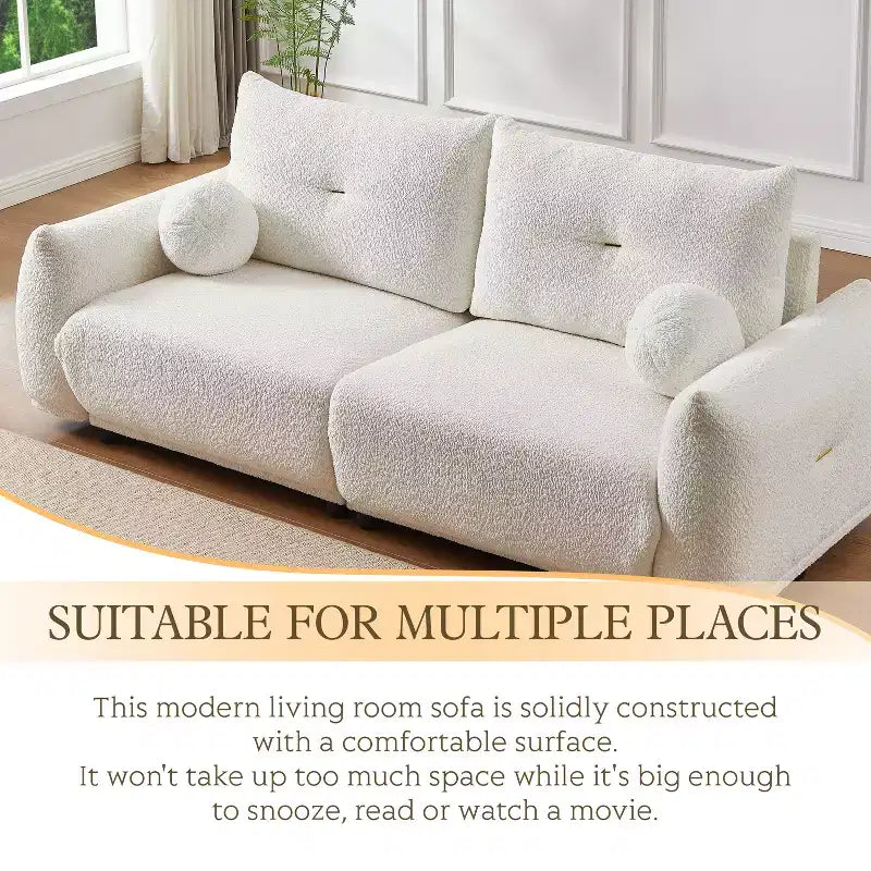 90''W Faux Lamb's Wool Loveseat Sofa, Comfortable Sofa Couch with 2 Ball Pillows 4S -